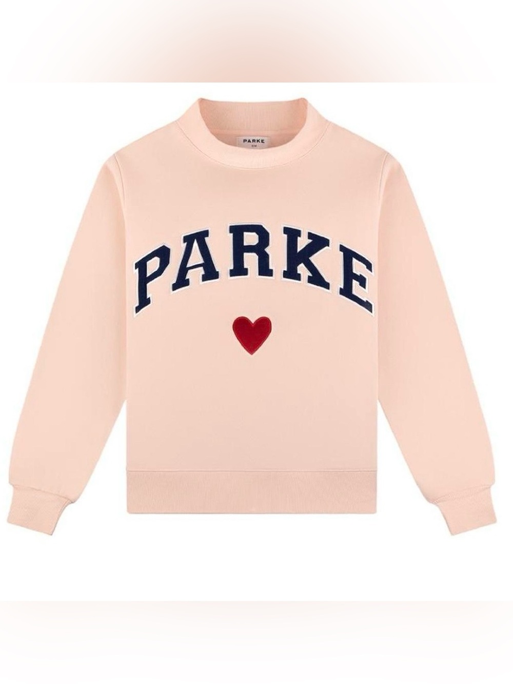 PARKE Light Pink Valentine’s Heart Varsity Mockneck Pullover Sweatshirt, Sz S/M